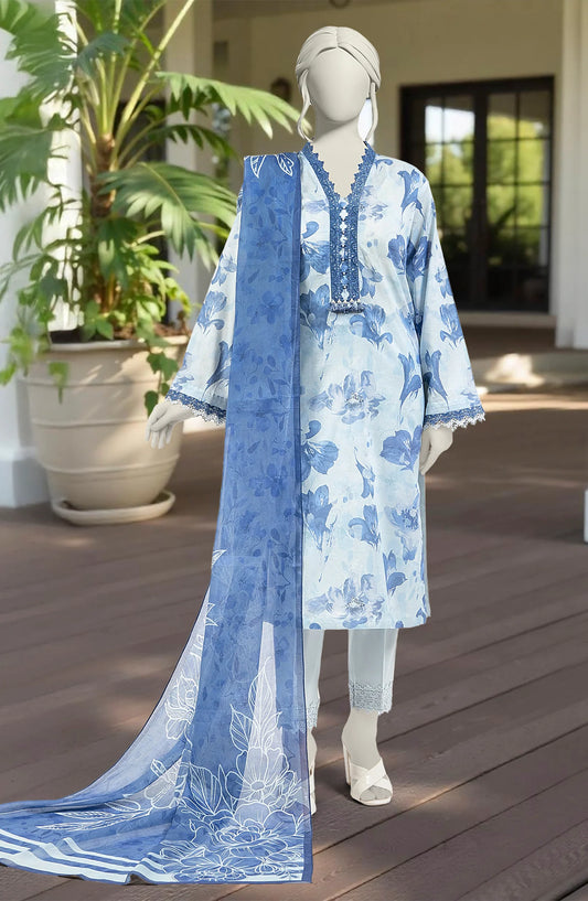 Mtj 3 PIECE PRINTED LAWN SUIT- Sky Blue (UNSTITCHED)