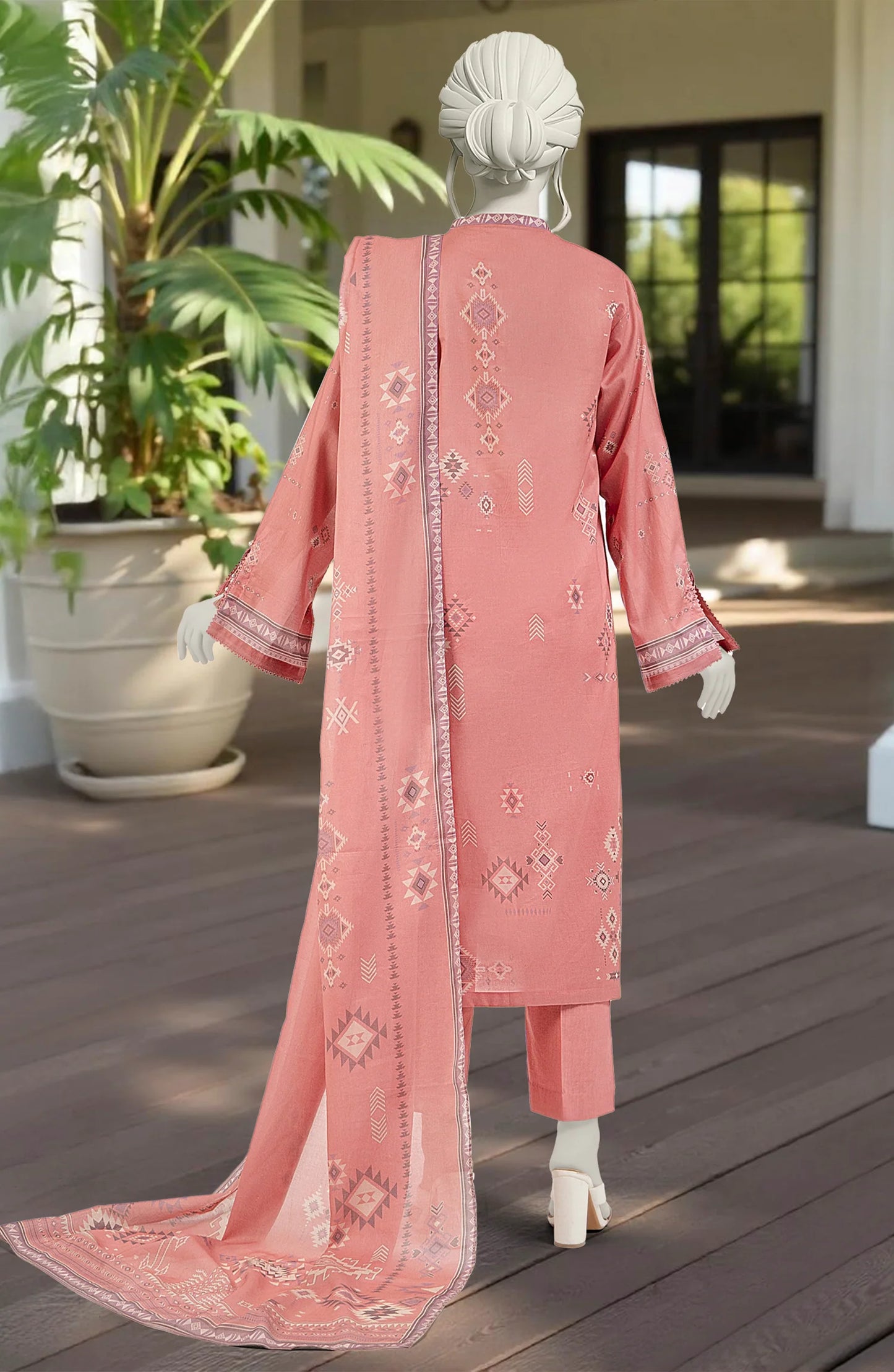 Mtj 3 PIECE PRINTED LAWN SUIT- Peach (UNSTITCHED)