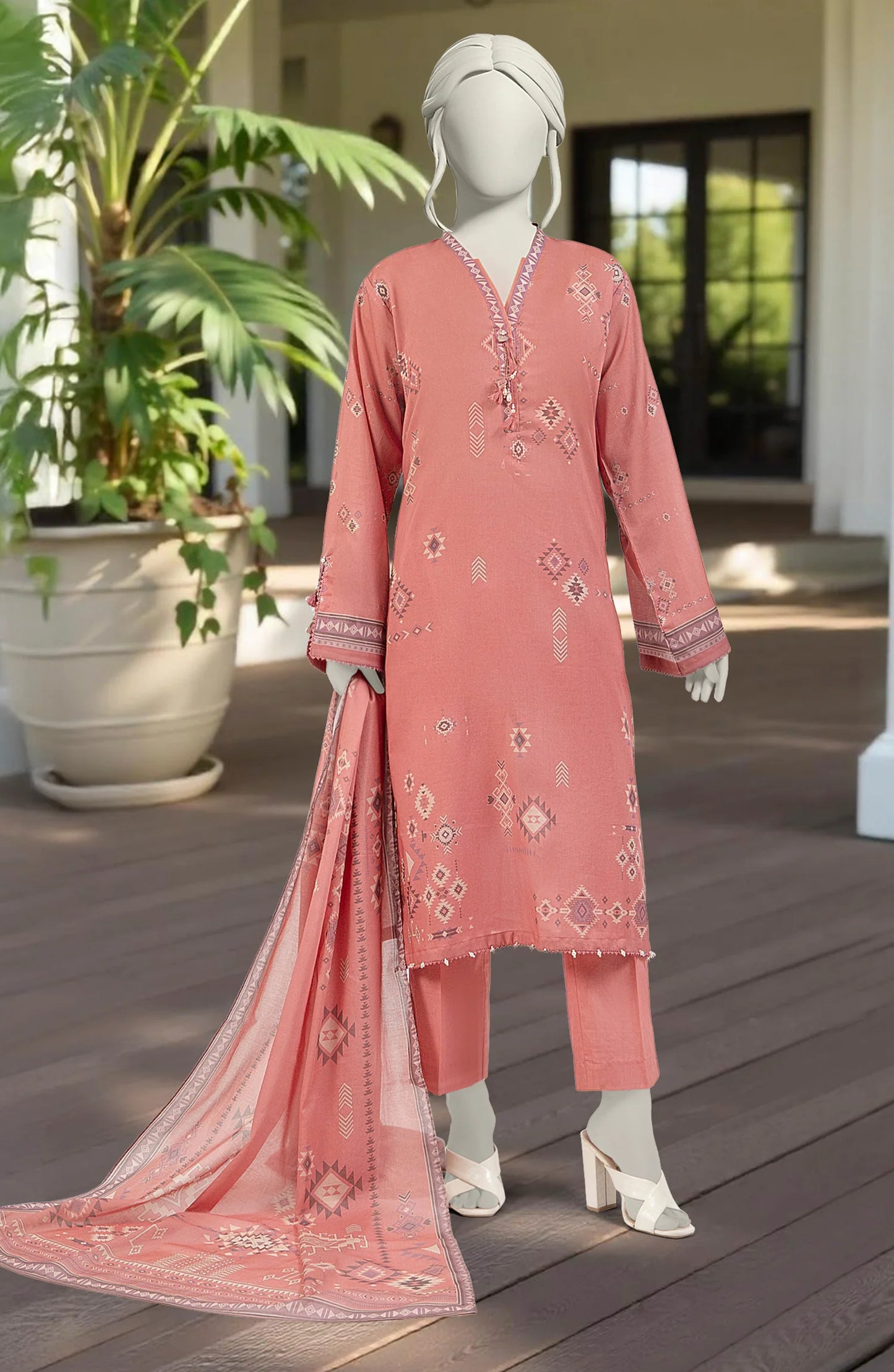 Mtj 3 PIECE PRINTED LAWN SUIT- Peach (UNSTITCHED)