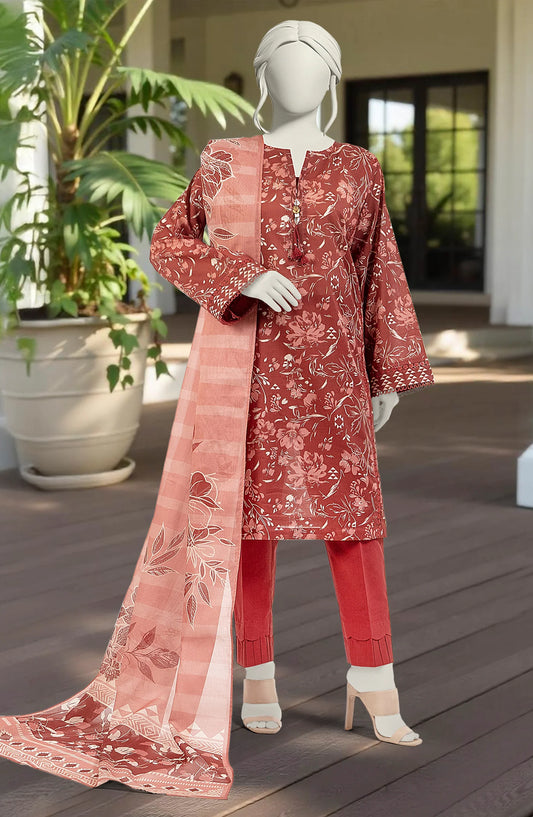 Mtj 3 PIECE PRINTED LAWN SUIT- Red (UNSTITCHED)