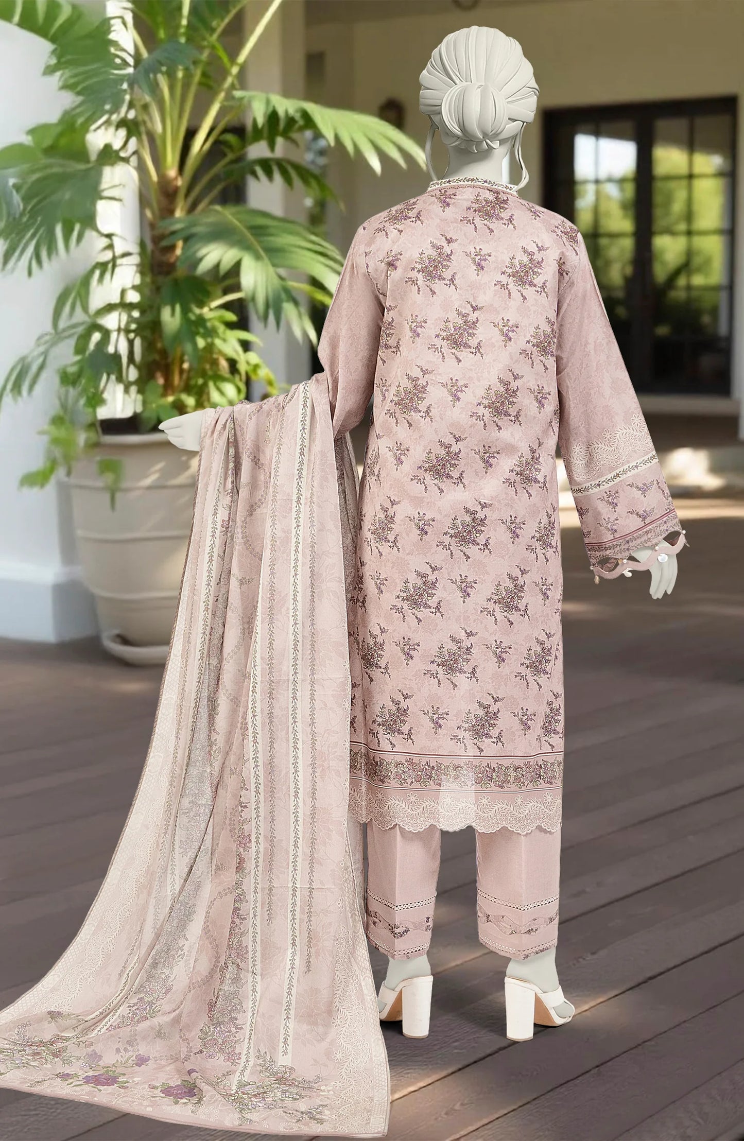Mtj 3 PIECE PRINTED LAWN SUIT- Light-Pink (UNSTITCHED)