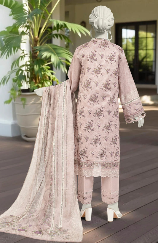 Mtj 3 PIECE PRINTED LAWN SUIT- Light-Pink (UNSTITCHED)