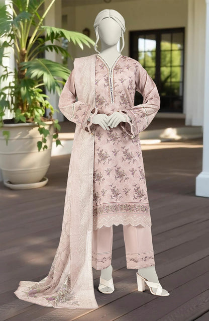Mtj 3 PIECE PRINTED LAWN SUIT- Light-Pink (UNSTITCHED)