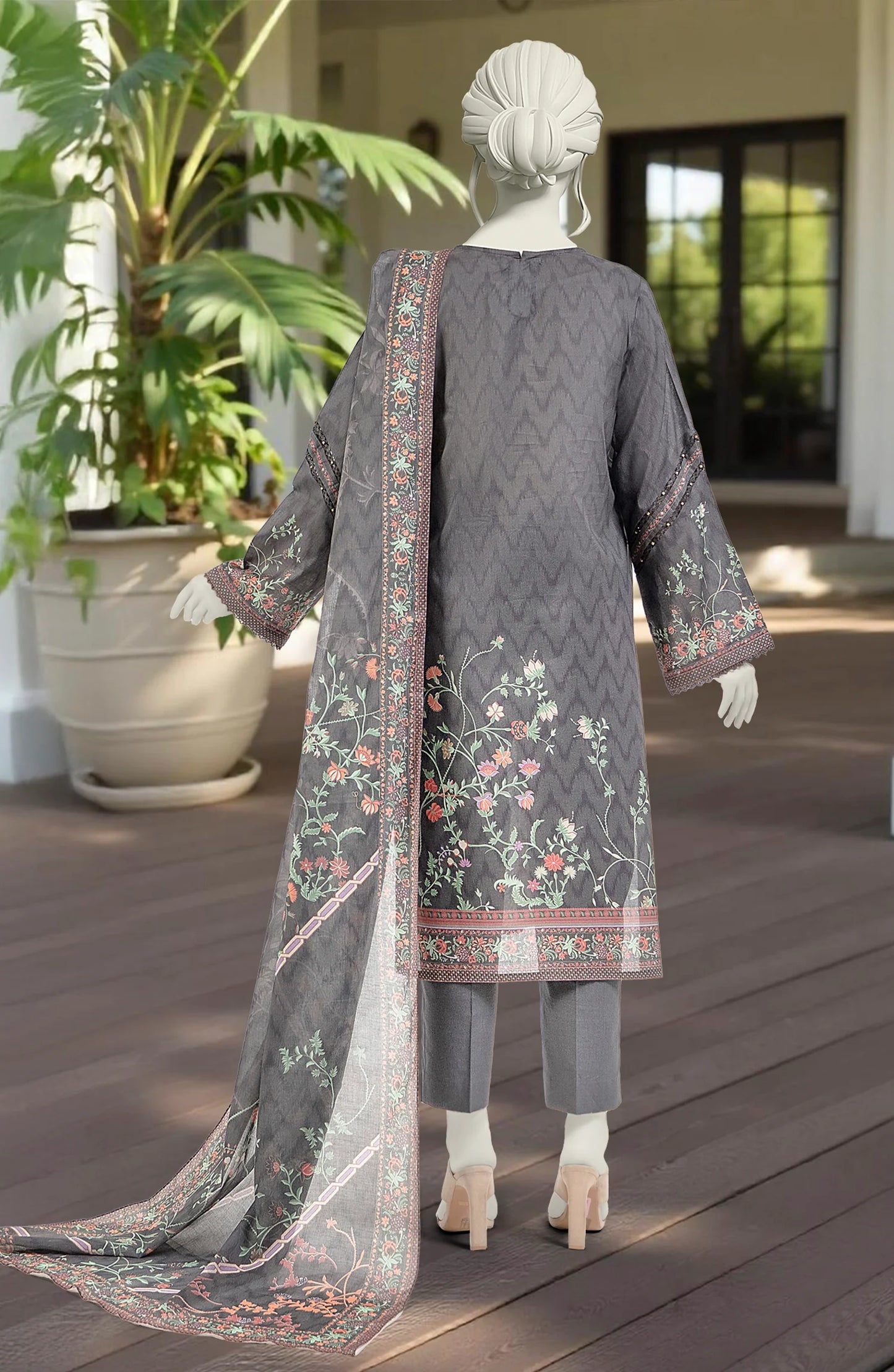 Mtj 3 PIECE PRINTED LAWN SUIT- Charcoal (UNSTITCHED)