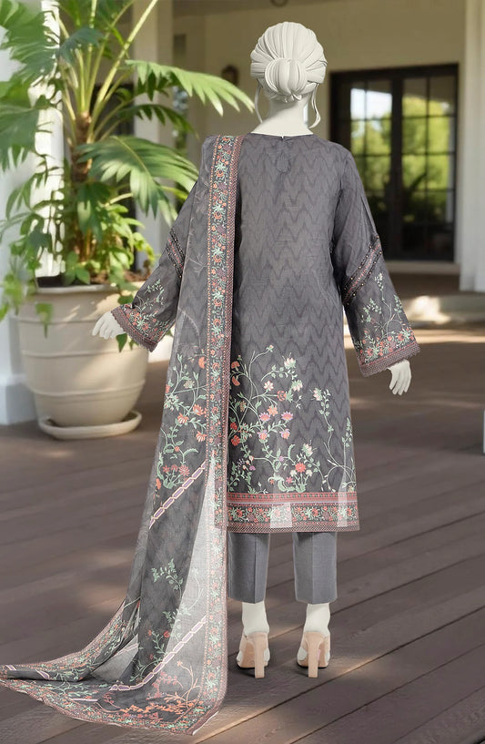 Mtj 3 PIECE PRINTED LAWN SUIT- Charcoal (UNSTITCHED)