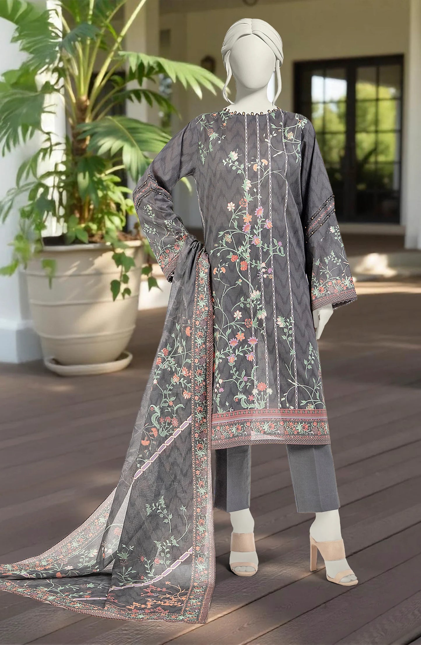 Mtj 3 PIECE PRINTED LAWN SUIT- Charcoal (UNSTITCHED)