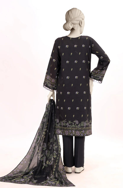 Mtj 3 PIECE PRINTED LAWN SUIT- Black (UNSTITCHED)