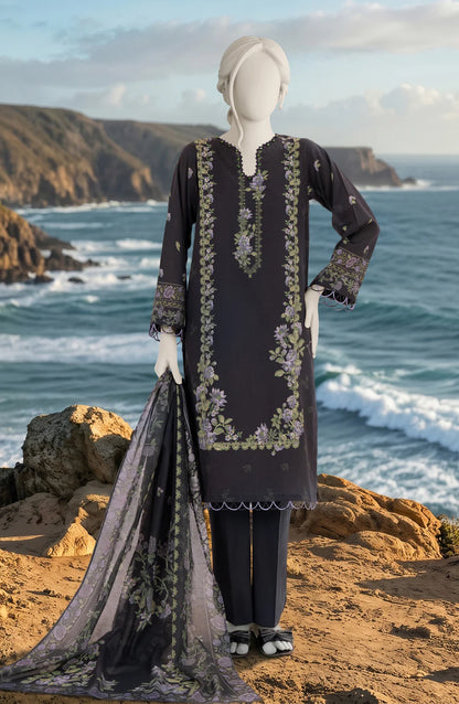 Mtj 3 PIECE PRINTED LAWN SUIT- Black (UNSTITCHED)