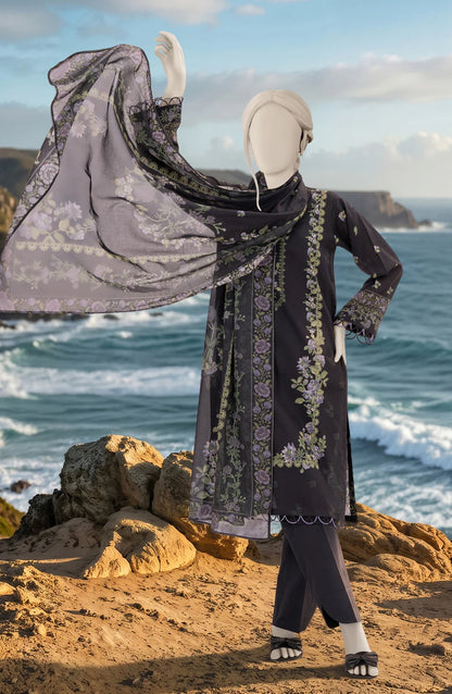 Mtj 3 PIECE PRINTED LAWN SUIT- Black (UNSTITCHED)