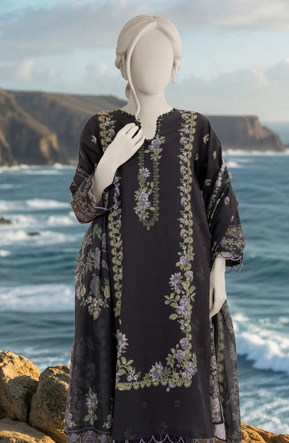 Mtj 3 PIECE PRINTED LAWN SUIT- Black (UNSTITCHED)