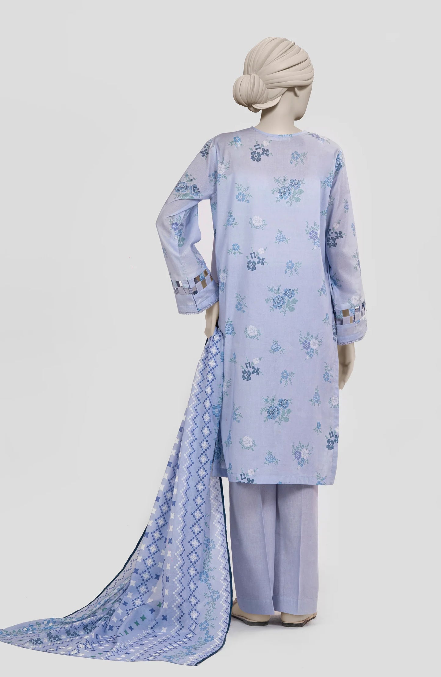 Mtj 3 PIECE PRINTED LAWN SUIT- Sky-Blue (UNSTITCHED)