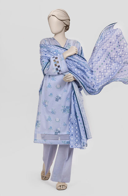 Mtj 3 PIECE PRINTED LAWN SUIT- Sky-Blue (UNSTITCHED)