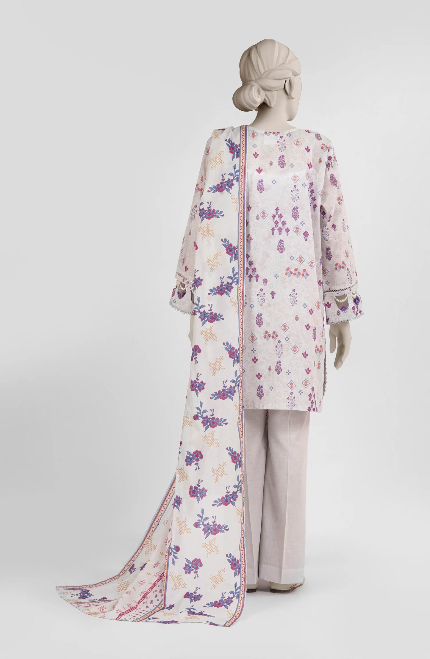 Mtj 3 PIECE PRINTED LAWN SUIT- Light Beige (UNSTITCHED)