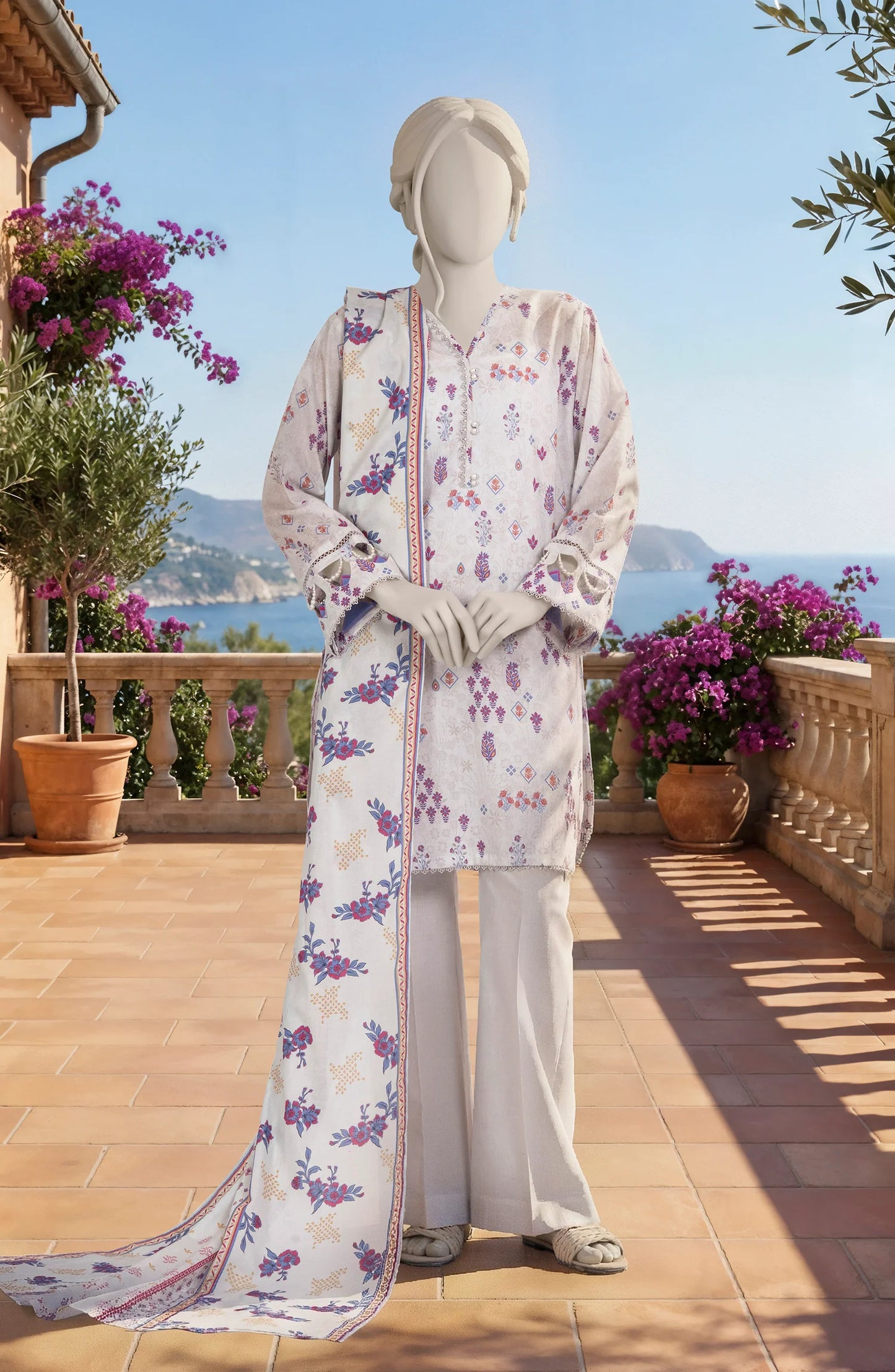 Mtj 3 PIECE PRINTED LAWN SUIT- Light Beige (UNSTITCHED)