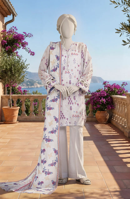 Mtj 3 PIECE PRINTED LAWN SUIT- Light Beige (UNSTITCHED)