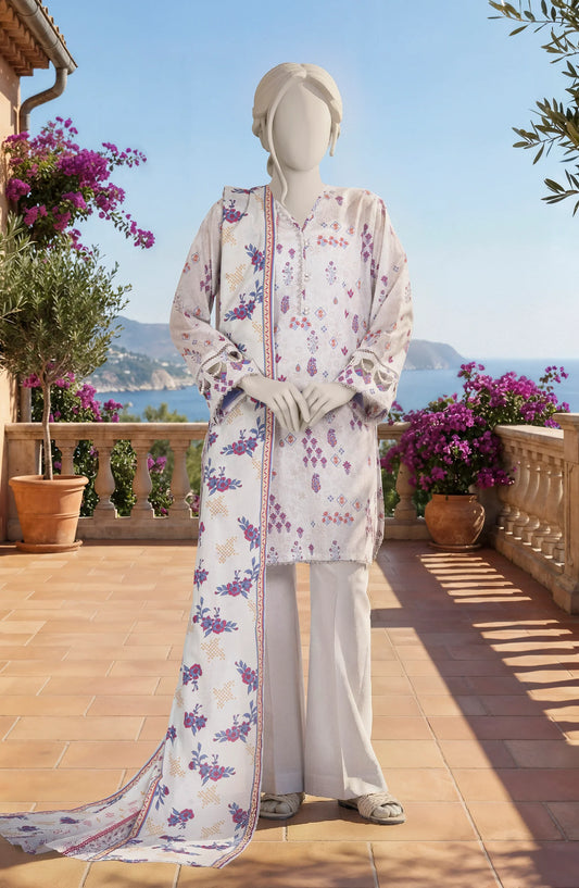 Mtj 3 PIECE PRINTED LAWN SUIT- Light Beige (UNSTITCHED)