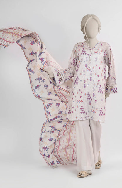 Mtj 3 PIECE PRINTED LAWN SUIT- Light Beige (UNSTITCHED)
