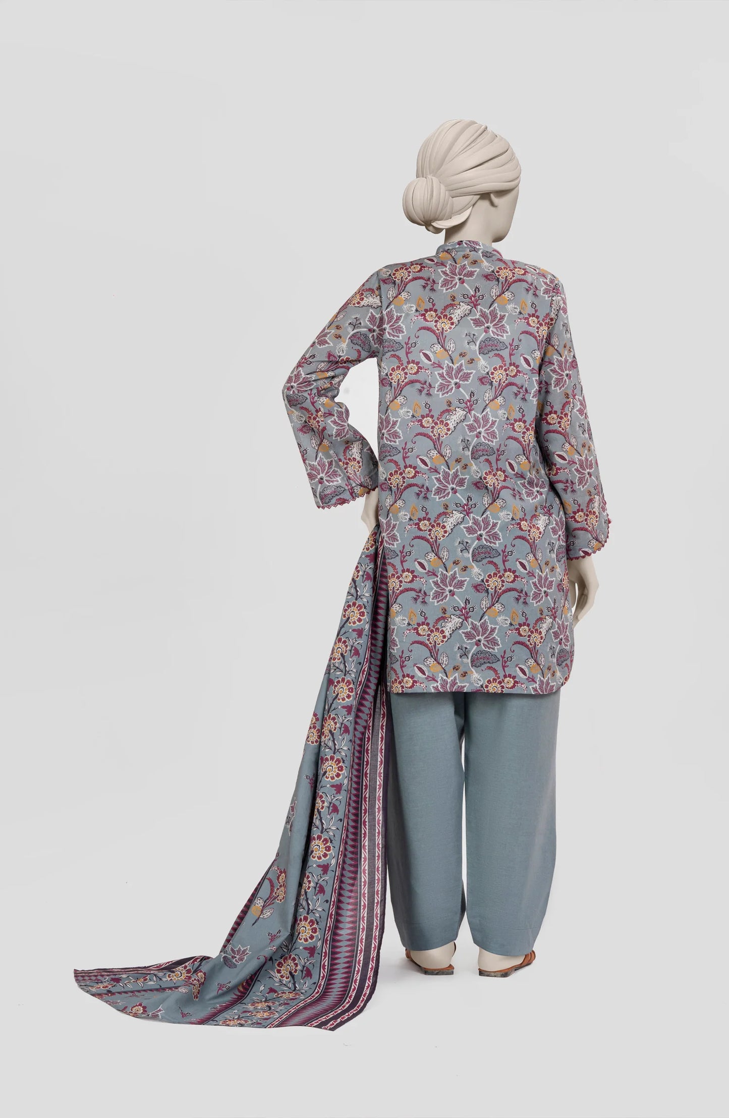 Mtj 3 PIECE PRINTED LAWN SUIT- Slate-Grey (UNSTITCHED)