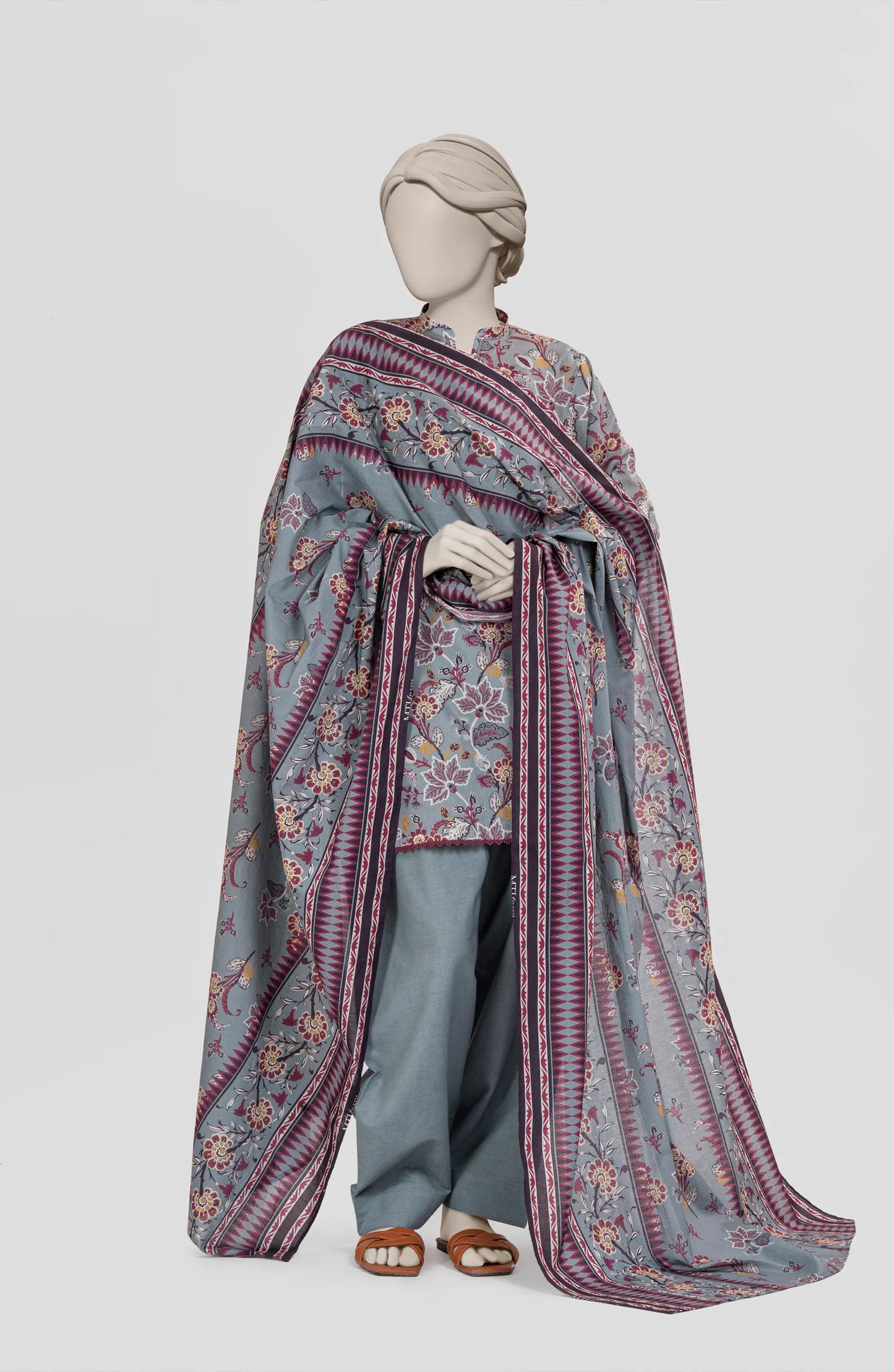 Mtj 3 PIECE PRINTED LAWN SUIT- Slate-Grey (UNSTITCHED)