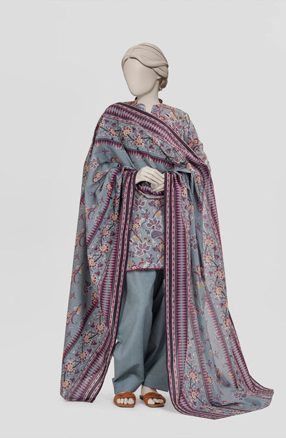 Mtj 3 PIECE PRINTED LAWN SUIT- Slate-Grey (UNSTITCHED)