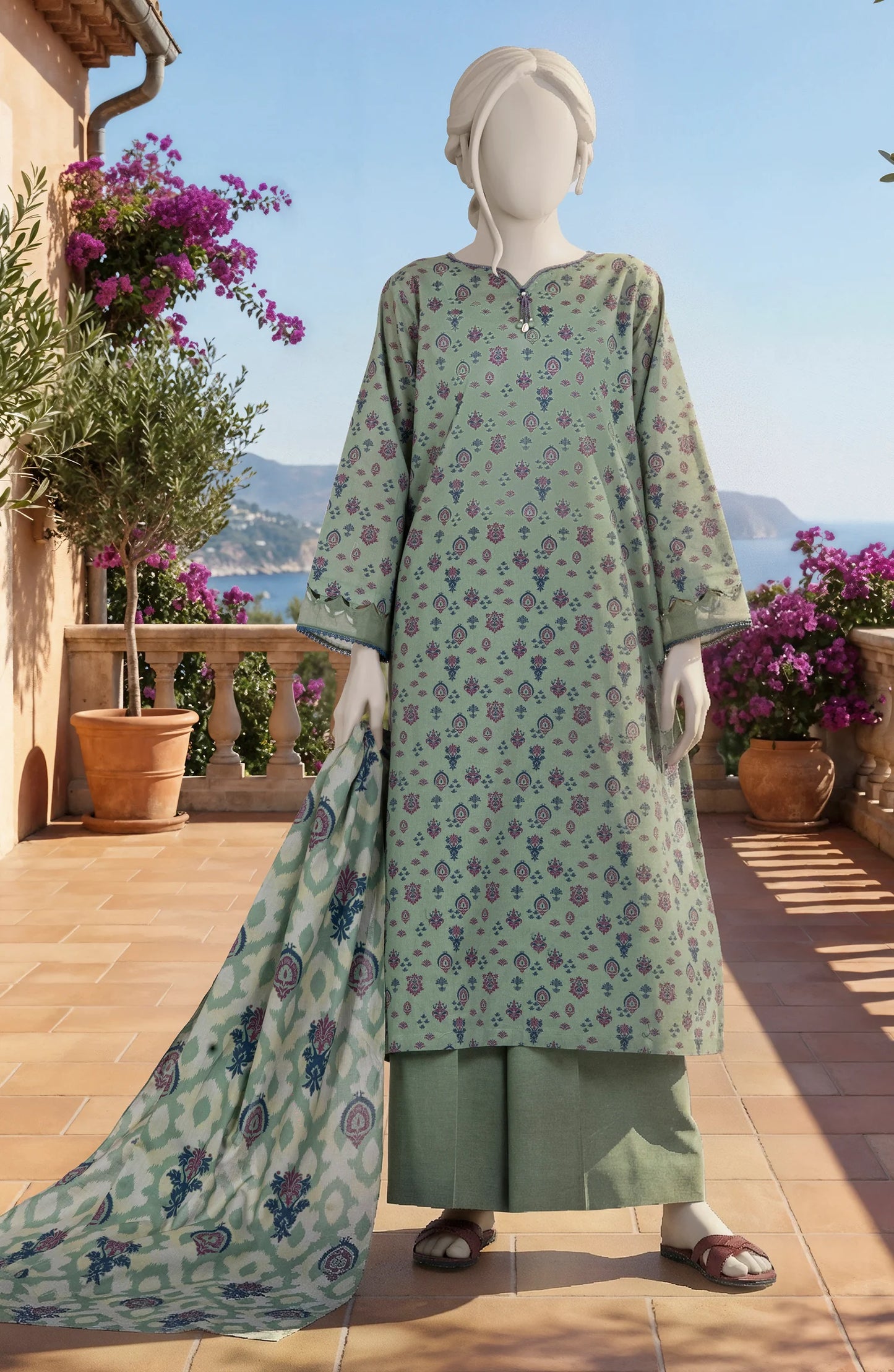Mtj 3 PIECE PRINTED LAWN SUIT- Green (UNSTITCHED)