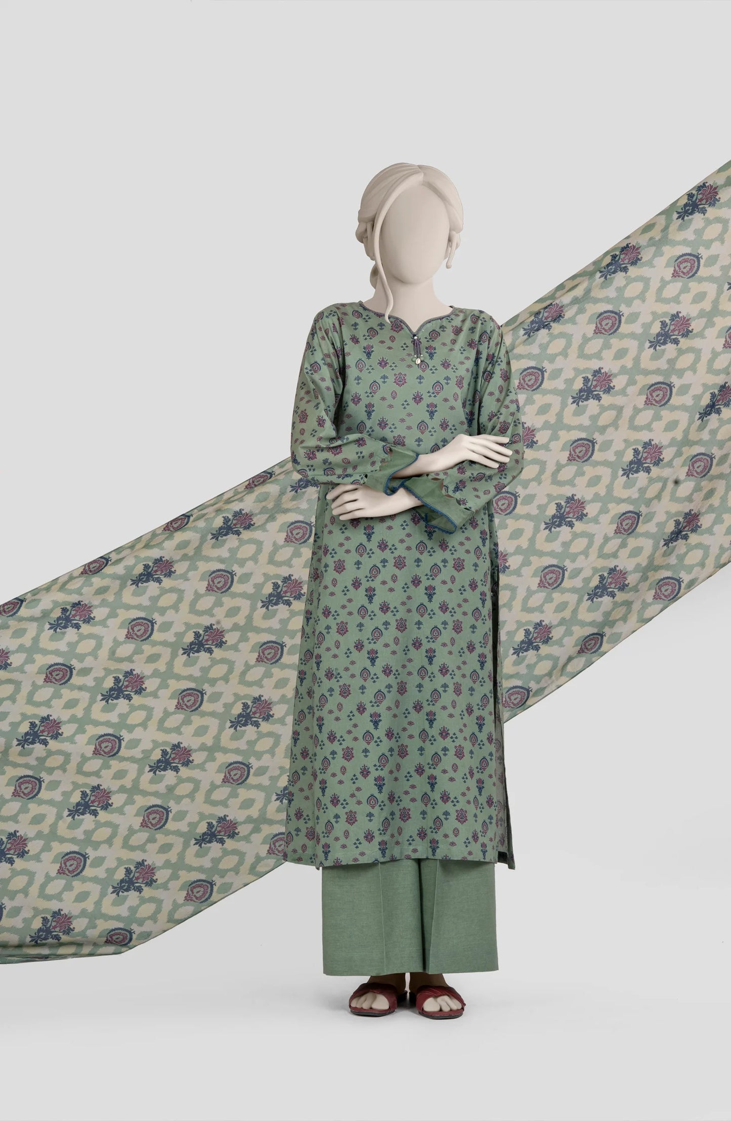 Mtj 3 PIECE PRINTED LAWN SUIT- Green (UNSTITCHED)