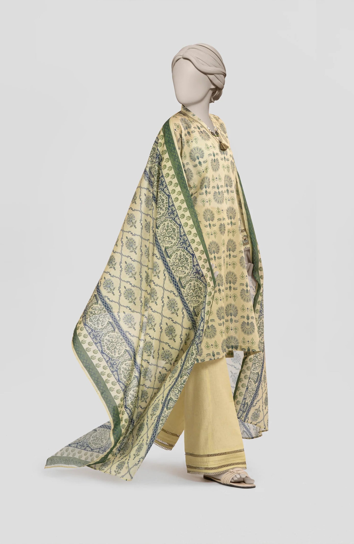 Mtj 3 PIECE PRINTED LAWN SUIT- Beige (UNSTITCHED)