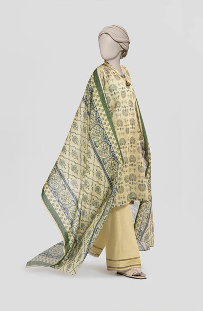 Mtj 3 PIECE PRINTED LAWN SUIT- Beige (UNSTITCHED)