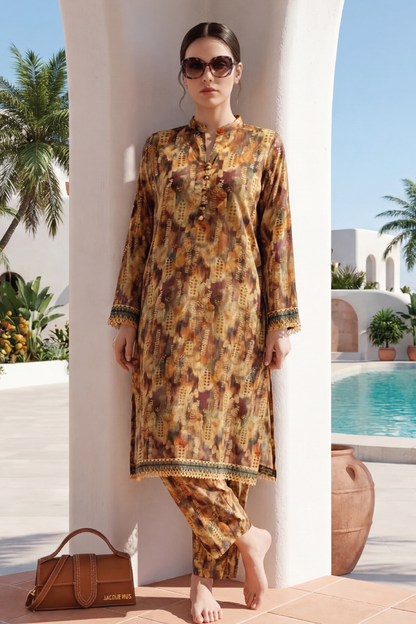 Brown - Elaya 2pc Unstitched Lawn Suit