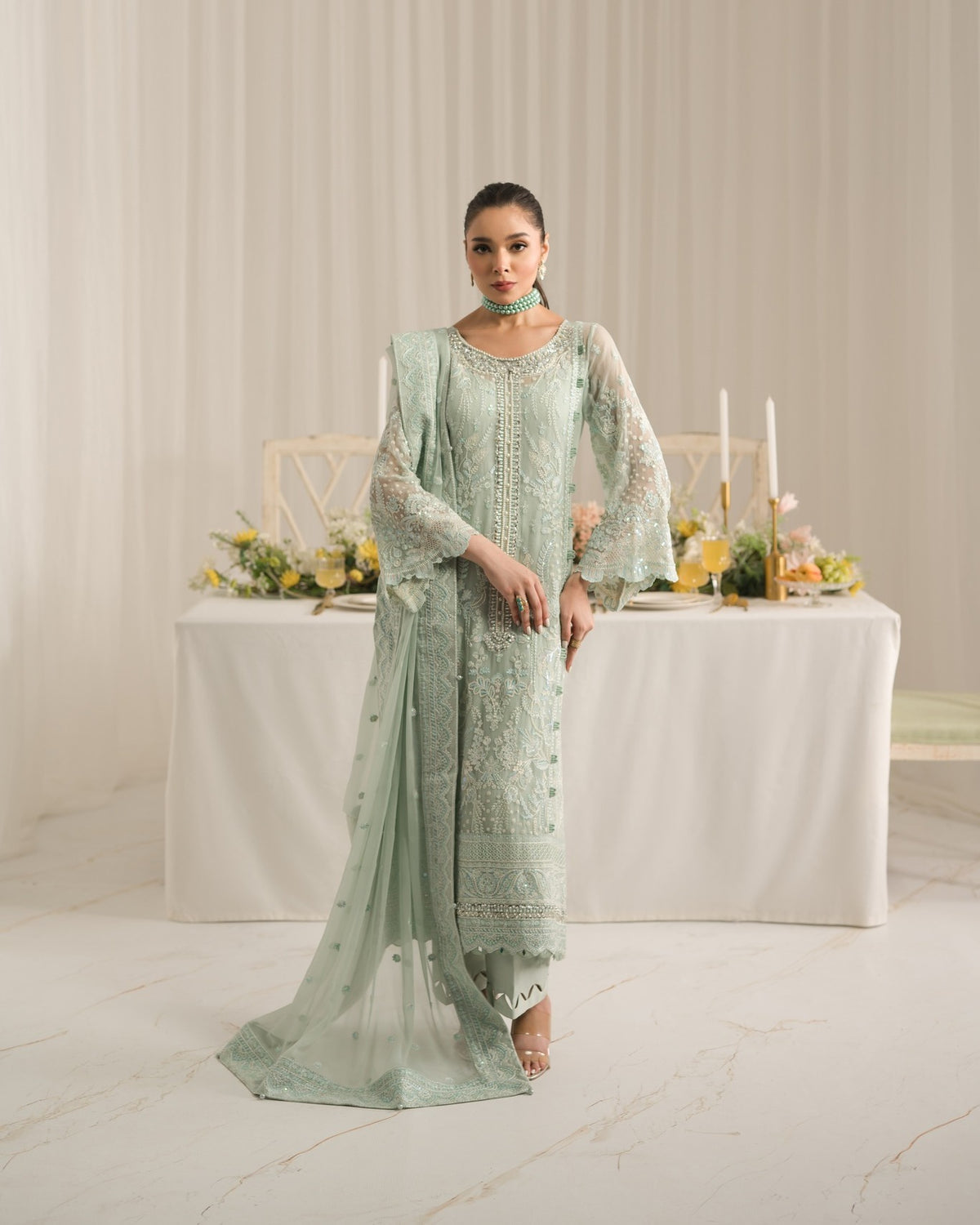 Full front shot of the Gulal Luxury Chiffon Embroidered Pistachio replica showcasing the heavy adda work neckline and sequin embroidery.
