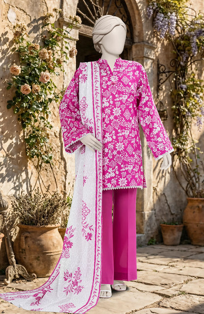 Mtj 3 PIECE PRINTED TEXTURED LAWN SUIT - Fuchsia (UNSTITCHED)