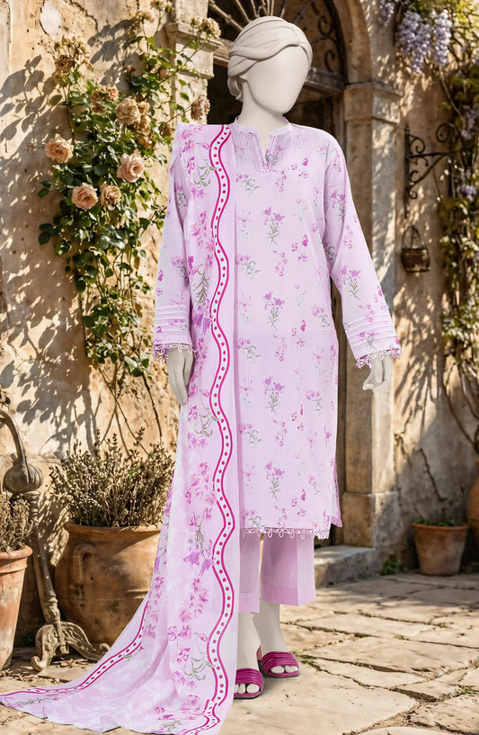 Mtj 3 PIECE PRINTED TEXTURED LAWN SUIT - Lavender (UNSTITCHED)