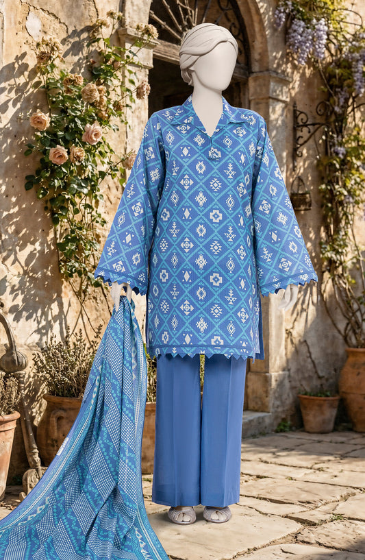 Mtj 3 PIECE PRINTED TEXTURED LAWN SUIT - Blue (UNSTITCHED)
