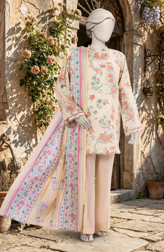 Mtj 3 PIECE PRINTED TEXTURED LAWN SUIT - Fawn (UNSTITCHED)