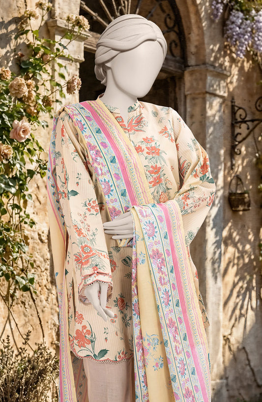 Mtj 3 PIECE PRINTED TEXTURED LAWN SUIT - Fawn (UNSTITCHED)