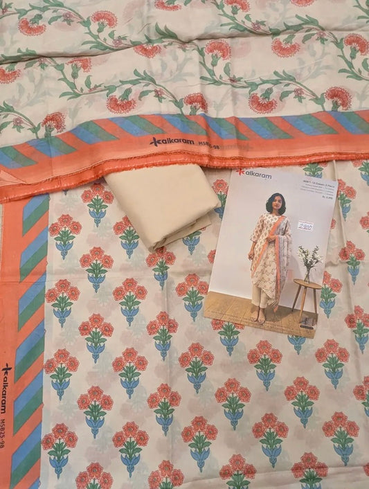 Ivory - Alkaram 3pc Unstitched Lawn Suit