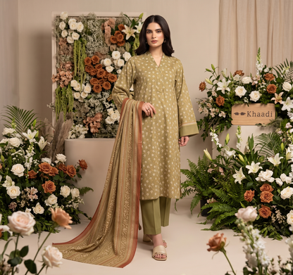 Olive Green | Khaadi 3pc Unstitched Lawn Suit