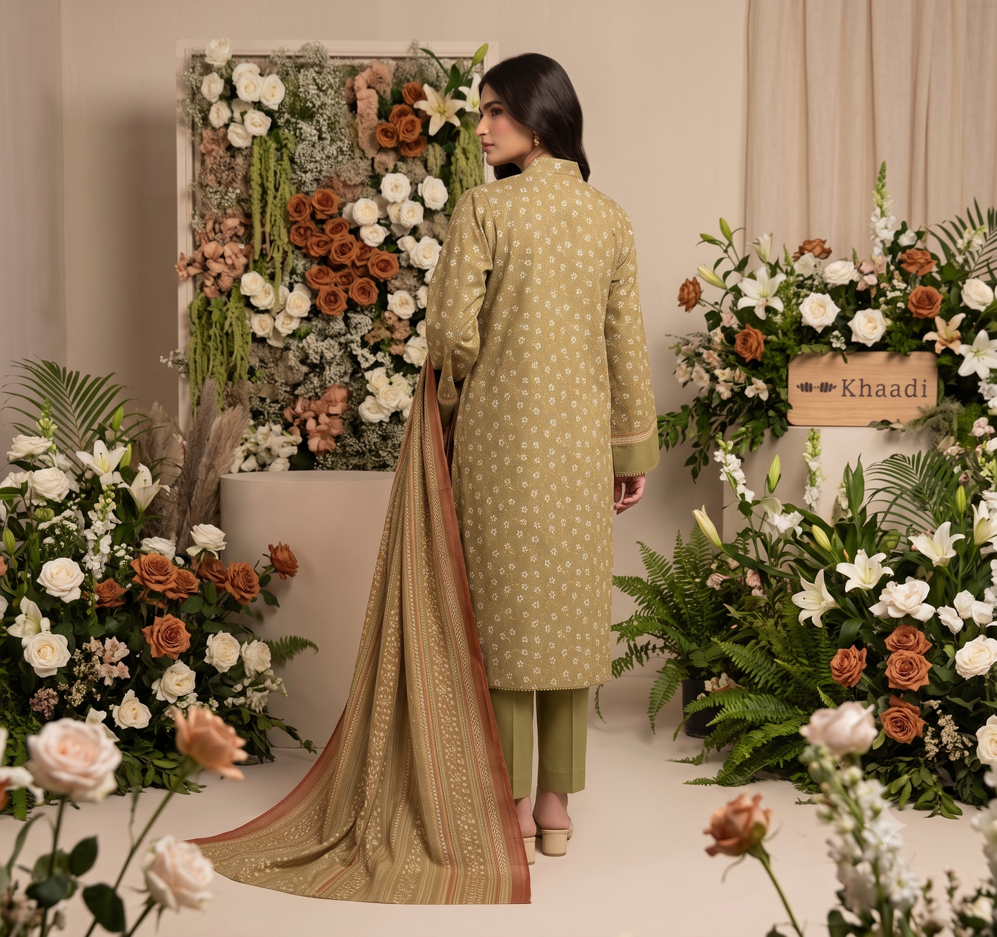 Olive Green | Khaadi 3pc Unstitched Lawn Suit