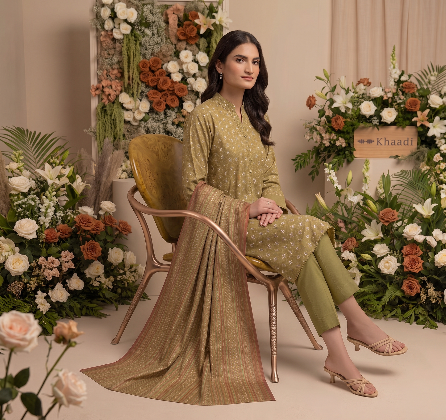 Olive Green | Khaadi 3pc Unstitched Lawn Suit