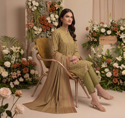 Olive Green | Khaadi 3pc Unstitched Lawn Suit