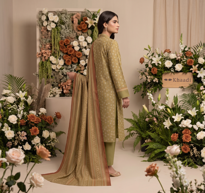 Olive Green | Khaadi 3pc Unstitched Lawn Suit