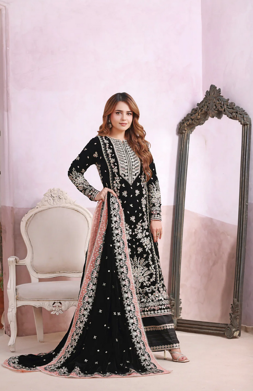 Aneelas Wedding Chiffon Embroidered - Black 3-Pc | Replica