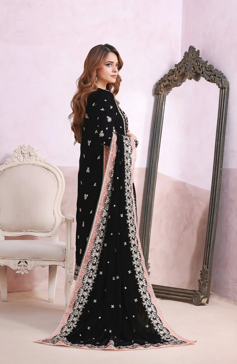Aneelas Wedding Chiffon Embroidered - Black 3-Pc | Replica