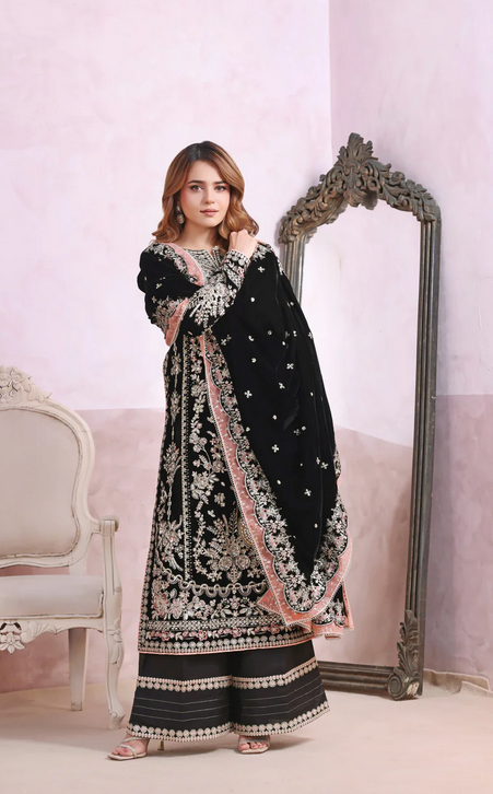 Aneelas Wedding Chiffon Embroidered - Black 3-Pc | Replica
