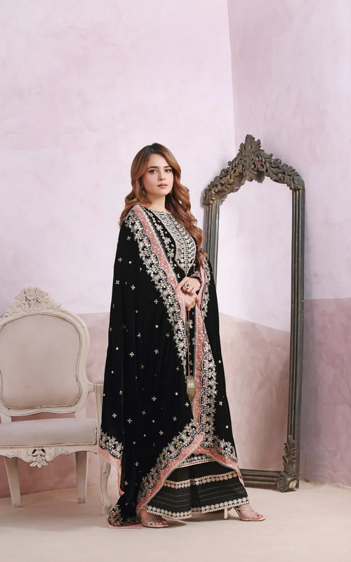 Aneelas Wedding Chiffon Embroidered - Black 3-Pc | Replica