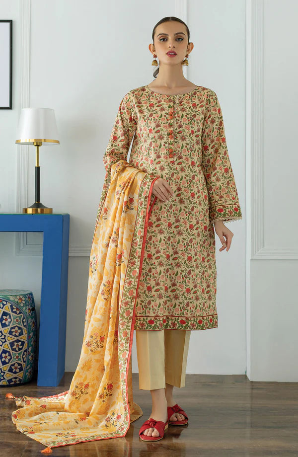 Orient 3 PIECE PRINTED LAWN SUIT- Beige (UNSTITCHED)