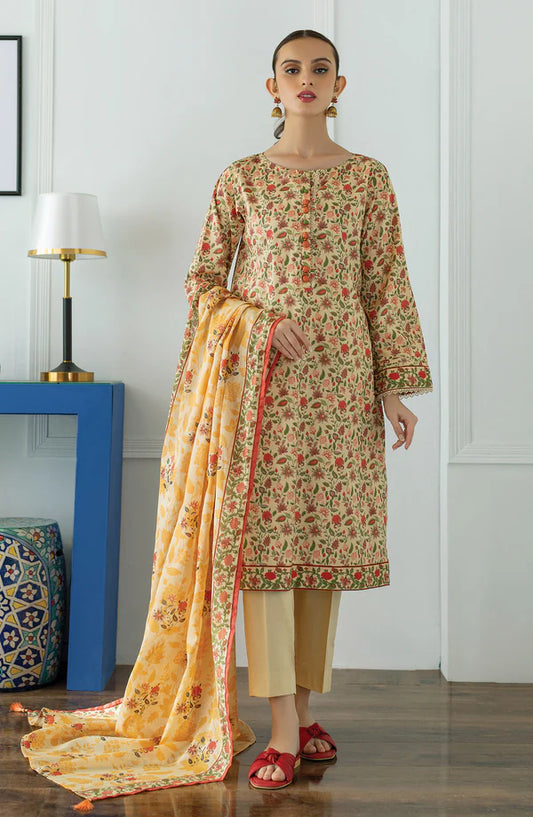 Orient 3 PIECE PRINTED LAWN SUIT- Beige (UNSTITCHED)
