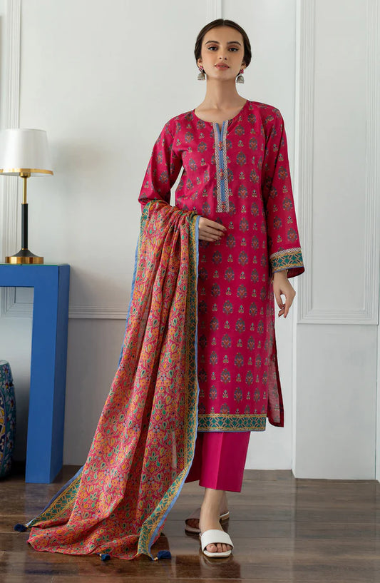 Orient 3 PIECE PRINTED LAWN SUIT- Magenta (UNSTITCHED)