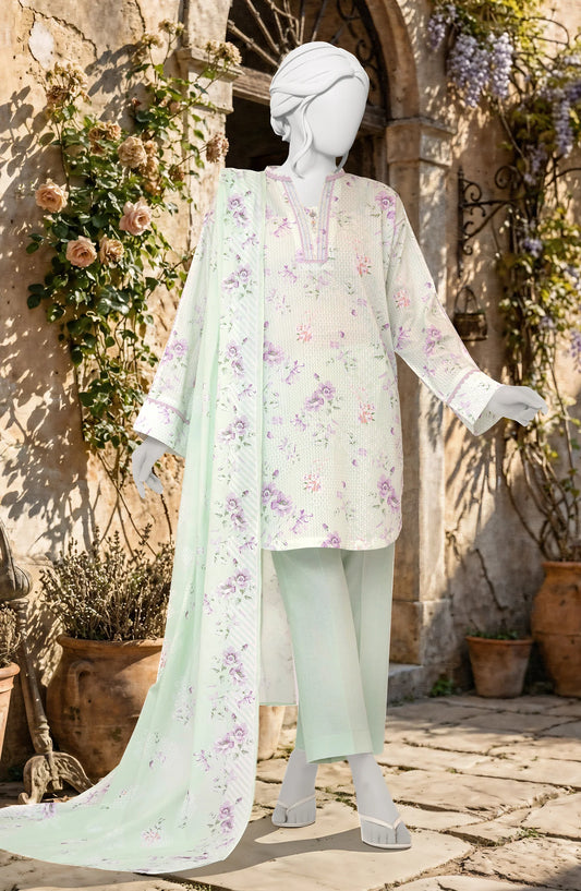 Mtj 3 PIECE PRINTED TEXTURED LAWN SUIT - Light-Green (UNSTITCHED)