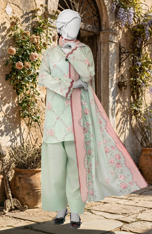 Mtj 3 PIECE PRINTED TEXTURED LAWN SUIT - Green (UNSTITCHED)